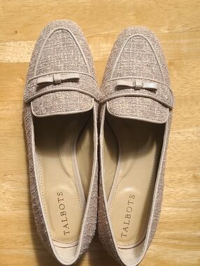 Talbots Jane Bow Ribbon Tweed Sparkle Gold Metallic Women's Tan Loafers  Sz 7.5